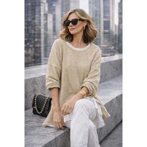 Premium Katmanlı Keten Oversize Bluz – Uzun İç T-Shirt 2 Parça - TAŞ - STANDART