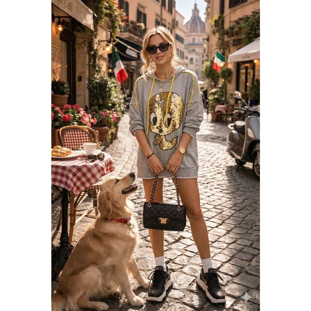 Gold Payet Detaylı Oversize Sweat Elbise