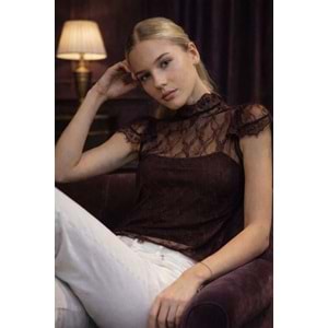 Mürdüm Dantel Transparan Bluz – Zarif Yaka Premium Tasarım - Acı Kahve - L