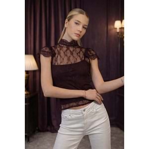 Mürdüm Dantel Transparan Bluz – Zarif Yaka Premium Tasarım - Mürdüm - L