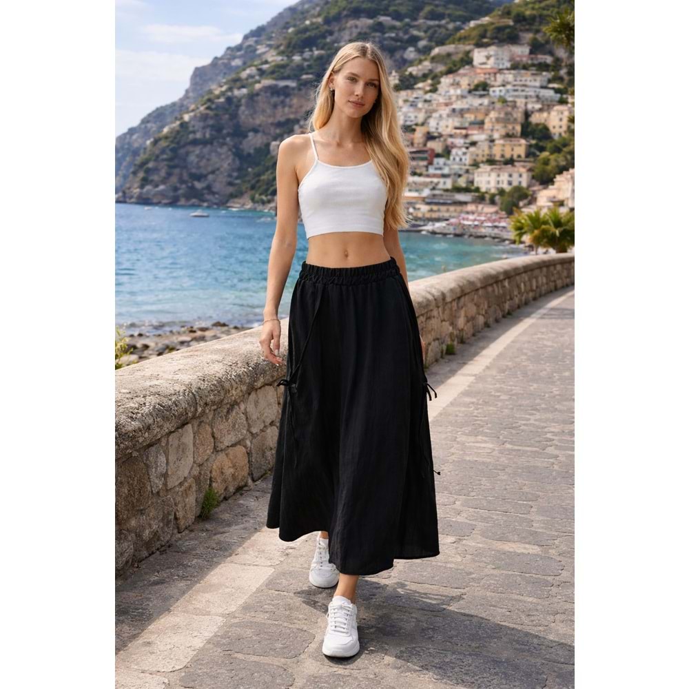 Amalfi Breeze Siyah Maxi Etek – Lastik Bel, Akışkan Yazlık Model - SİYAH - L