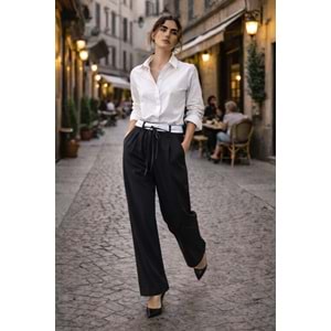Urban Élégance Yüksek Bel Bağcıklı Pantolon - SİYAH - L