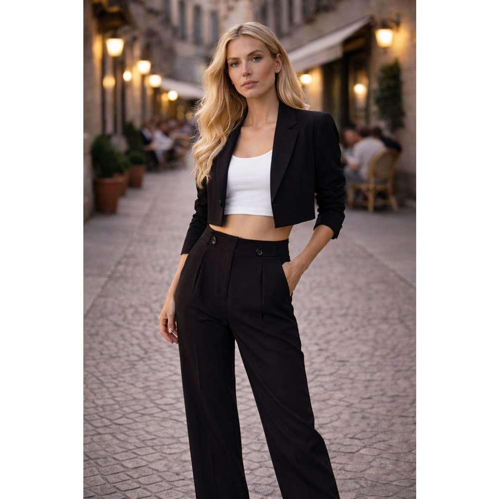 Yüksek Bel Siya Kadın Pantolon – Double Button Elegant - SİYAH - M