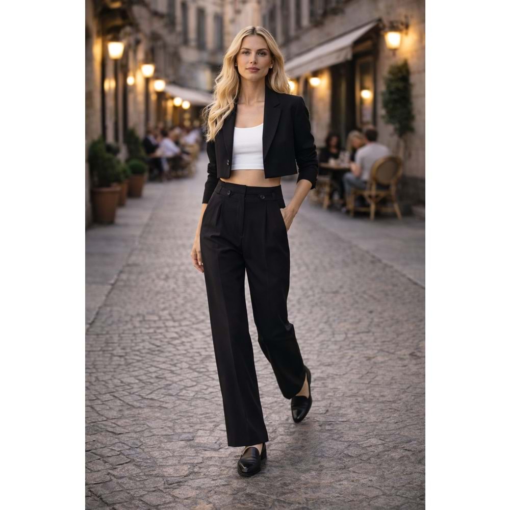Yüksek Bel Siya Kadın Pantolon – Double Button Elegant - SİYAH - M
