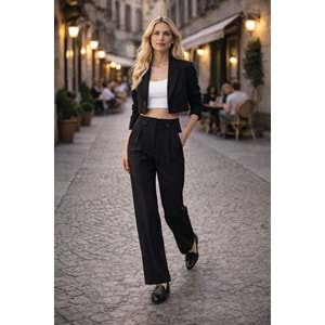 Yüksek Bel Siya Kadın Pantolon – Double Button Elegant - SİYAH - M
