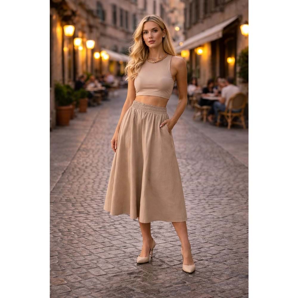 Premium Bel Tastikli Midi Boy Etek - Avrupa Sokak Stili - Taş