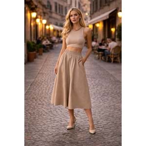 Premium Bel Tastikli Midi Boy Etek - Avrupa Sokak Stili - Taş