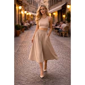 Premium Bel Tastikli Midi Boy Etek - Avrupa Sokak Stili - Taş