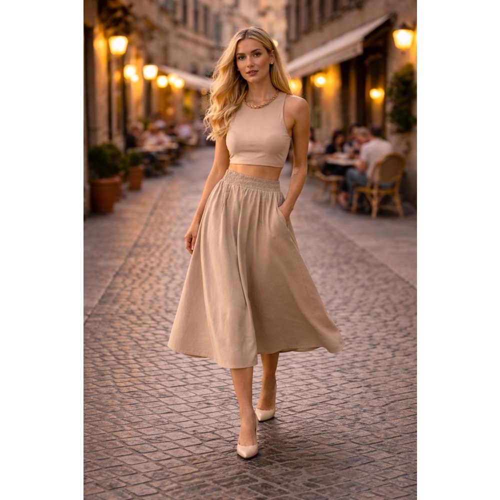 Bel Detay Premium Midi Bou Etek - Avrupa Sokak Stili - Taş Renk - TAŞ - L