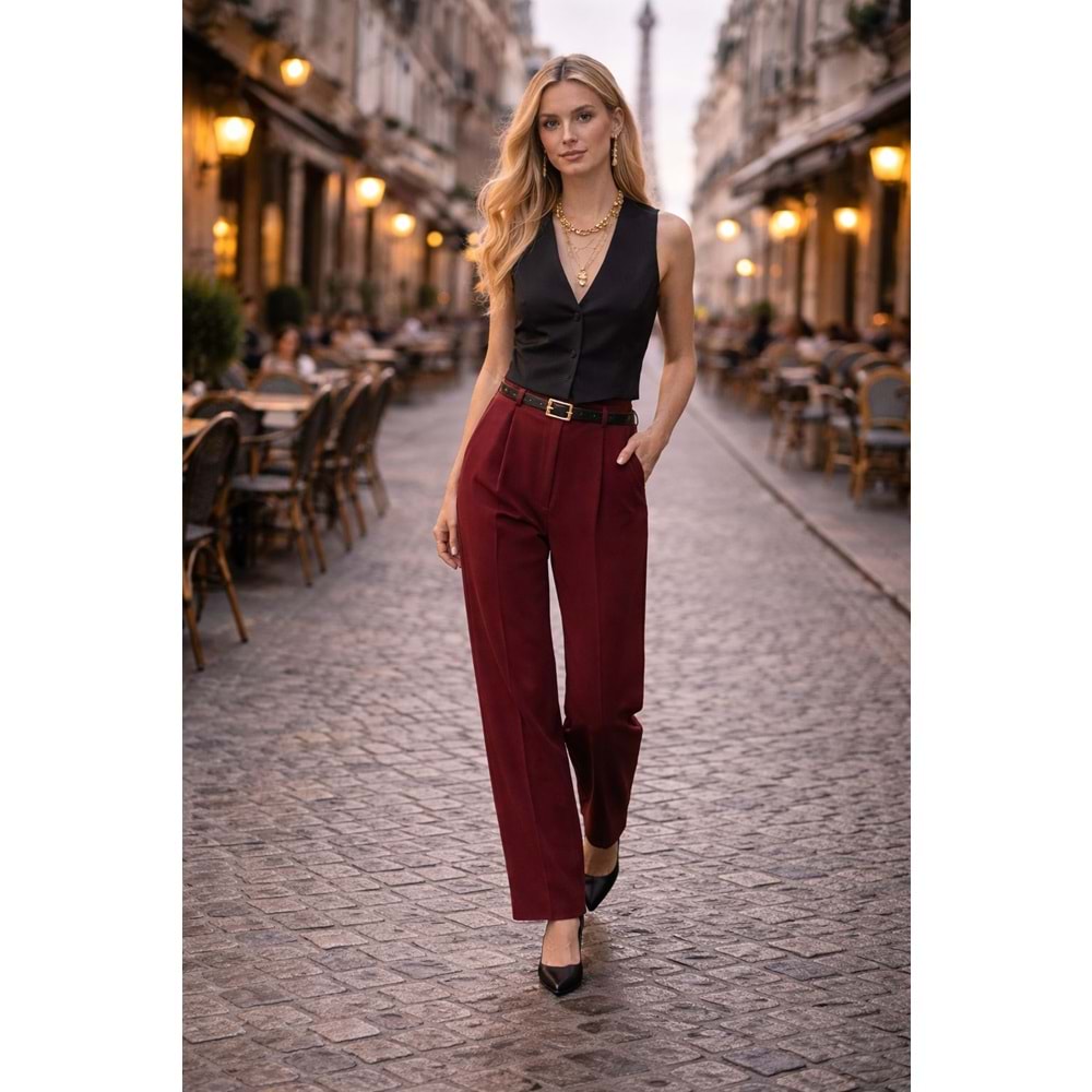 Bordo Gold Tokalı Kemerli Yüksek Bel Pantolon |Paris Street - BORDO - L