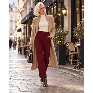 Bordo Gold Tokalı Kemerli Yüksek Bel Pantolon |Paris Street - BORDO - L