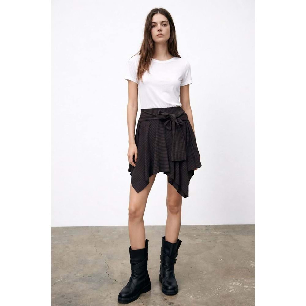 Kahverengi Bağlama Detaylı Asimetrik Etek - KAHVERENGİ - L