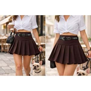 Yazı Detay Kemerli Piliseli Mini Etek Kahverengi Premium Duruş - KAHVERENGİ - L