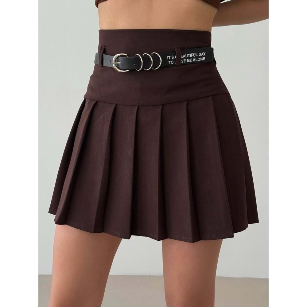 Yazı Detay Kemerli Piliseli Mini Etek Kahverengi Premium Duruş - KAHVERENGİ - L