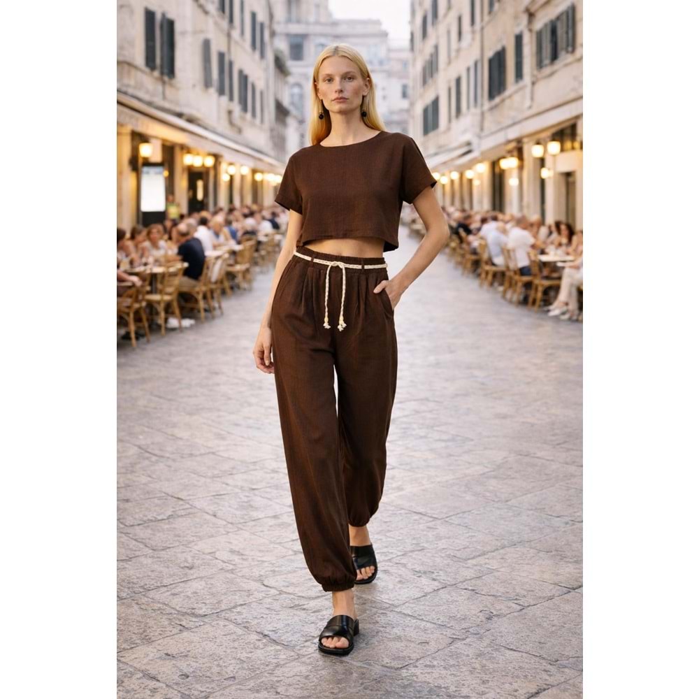 Via Roma Şık Pamuk Viskon Pantolon- Kahve - KAHVERENGİ - L