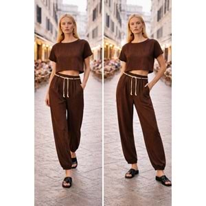 Via Roma Şık Pamuk Viskon Pantolon- Kahve - KAHVERENGİ - L