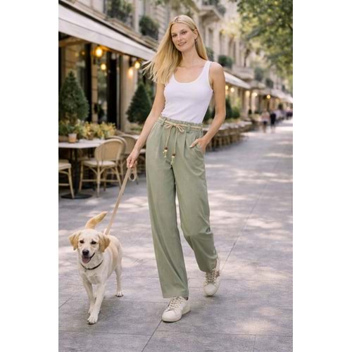 Natural Flow Bağcıklı Salaş Pantolon Keten Pamuk - Yağ Yeşili - YEŞİL - L