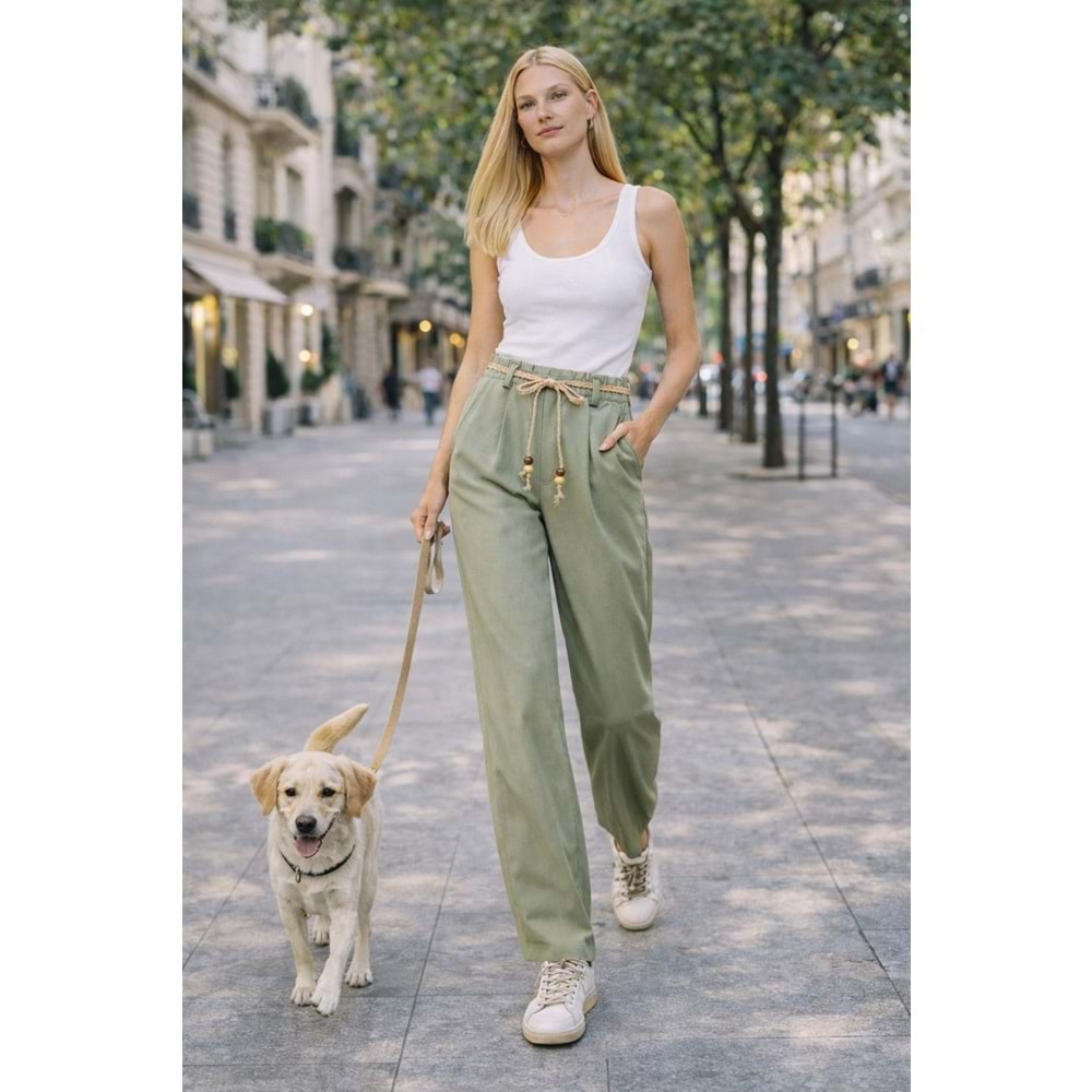 Natural Flow Bağcıklı Salaş Pantolon Keten Pamuk - Yağ Yeşili - YEŞİL - L