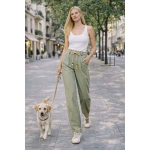 Natural Flow Bağcıklı Salaş Pantolon Keten Pamuk - Yağ Yeşili - YEŞİL - L