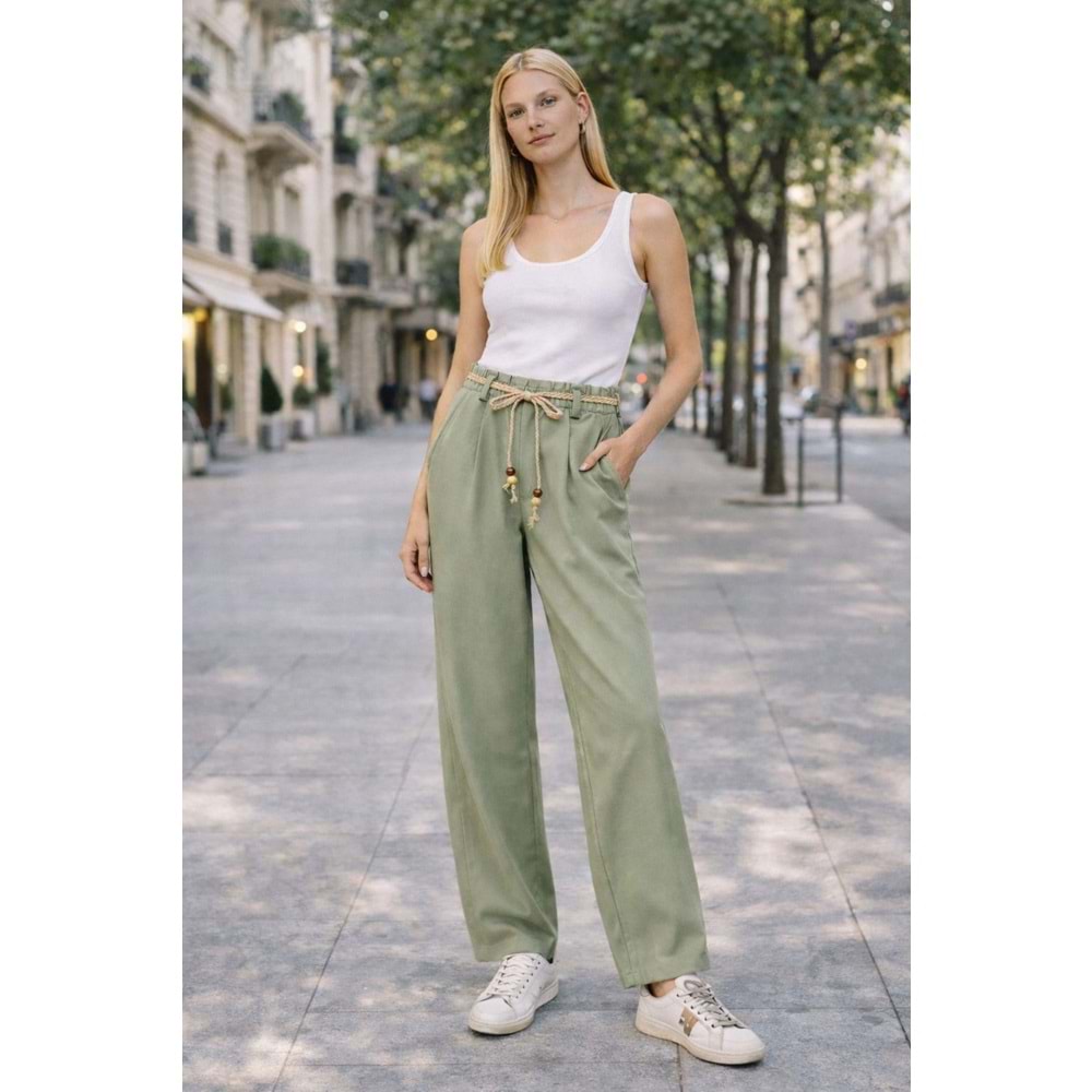 Natural Flow Bağcıklı Salaş Pantolon Keten Pamuk - Yağ Yeşili - YEŞİL - L