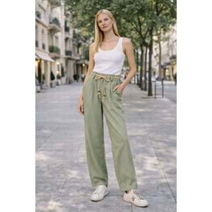 Natural Flow Bağcıklı Salaş Pantolon Keten Pamuk - Yağ Yeşili - YEŞİL - L