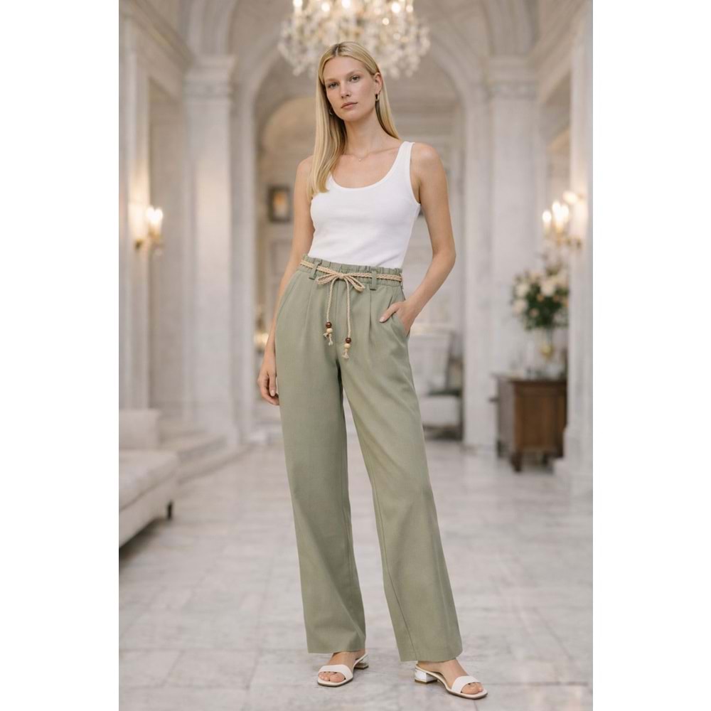 Natural Flow Bağcıklı Salaş Pantolon Keten Pamuk - Yağ Yeşili - YEŞİL - L