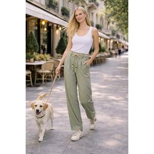 Natural Flow Bağcıklı Salaş Pantolon Keten Pamuk - Yağ Yeşili - YEŞİL - L