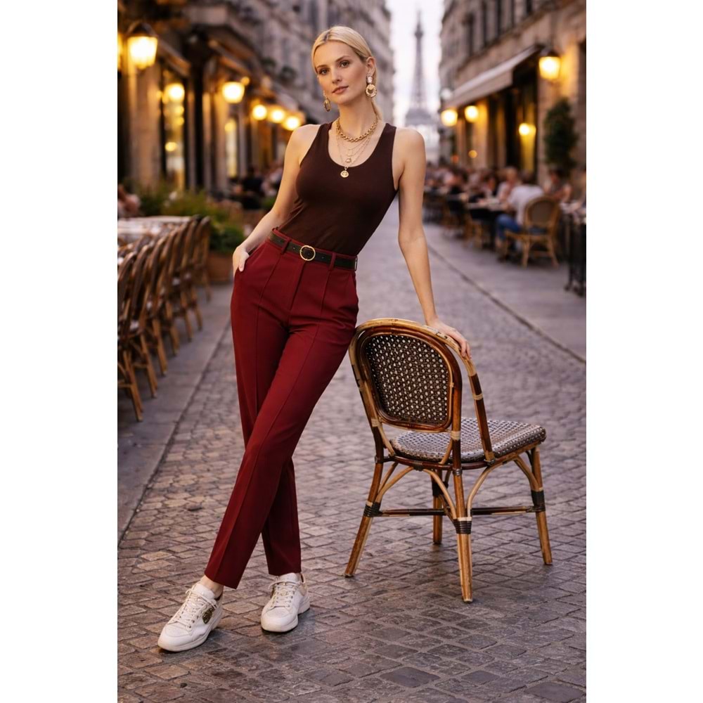 Bordo Renk Kemer Dahil Dökümlü Pantolon - BORDO - S