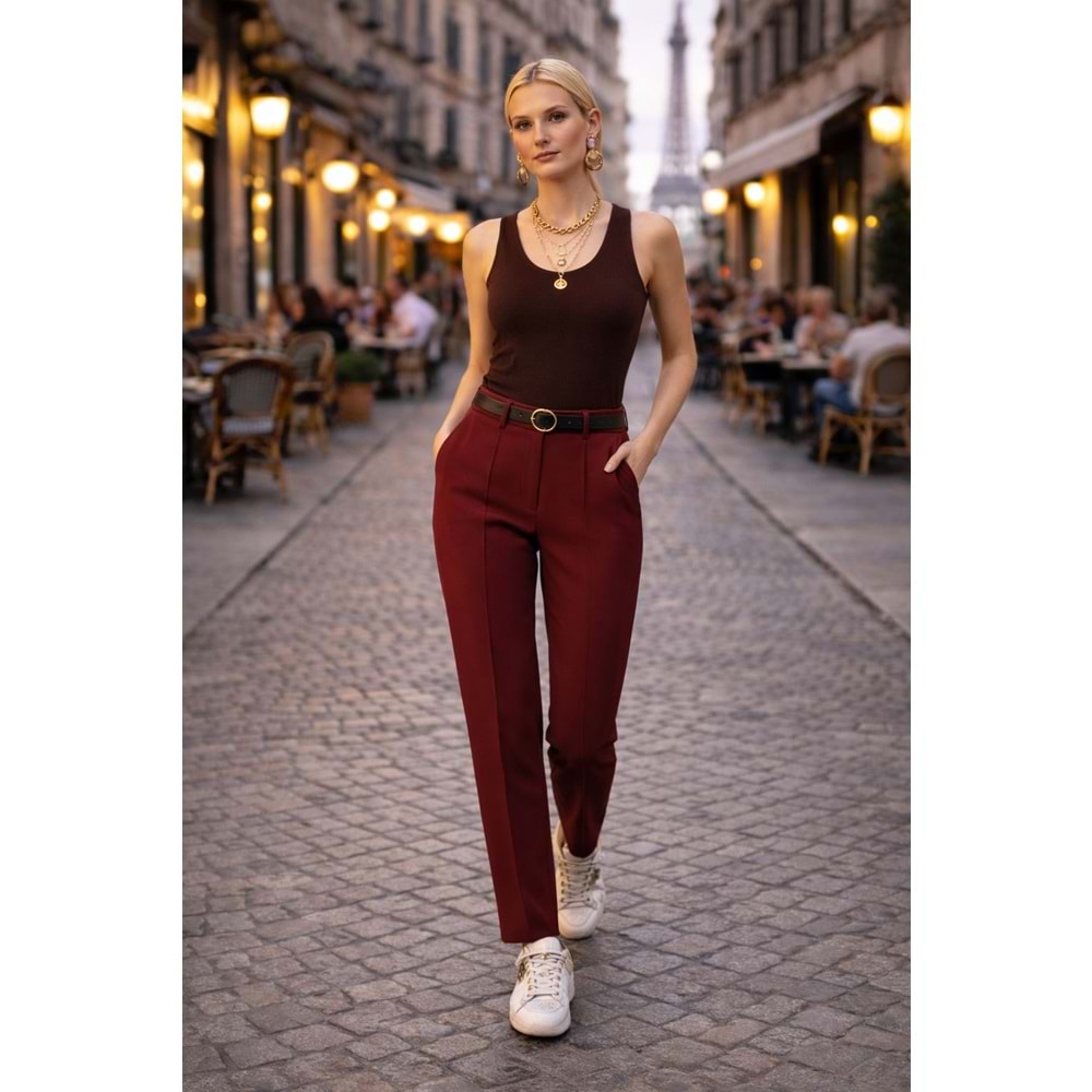 Bordo Renk Kemer Dahil Dökümlü Pantolon - BORDO - S