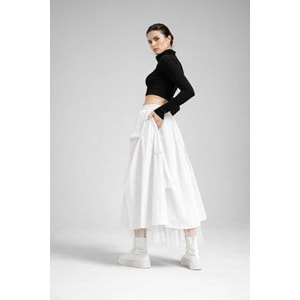 Atelier Tasarım Tül Katmanlı Siyah / Beyaz Midi Etek - BEYAZ - L