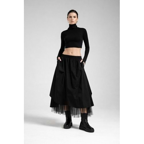 Atelier Tasarım Tül Katmanlı Siyah / Beyaz Midi Etek - SİYAH - L