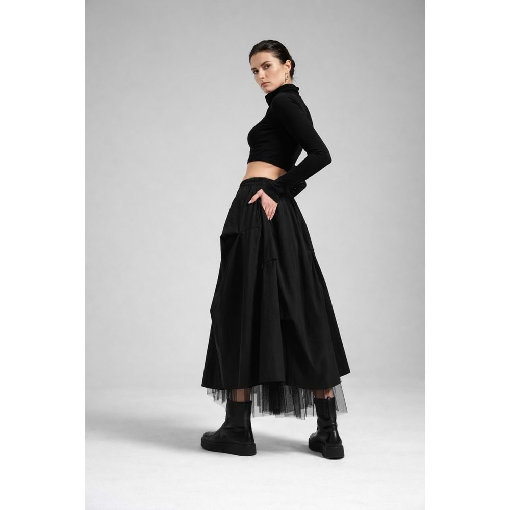 Atelier Tasarım Tül Katmanlı Siyah / Beyaz Midi Etek - SİYAH - L