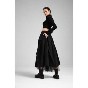 Atelier Tasarım Tül Katmanlı Siyah / Beyaz Midi Etek - SİYAH - L