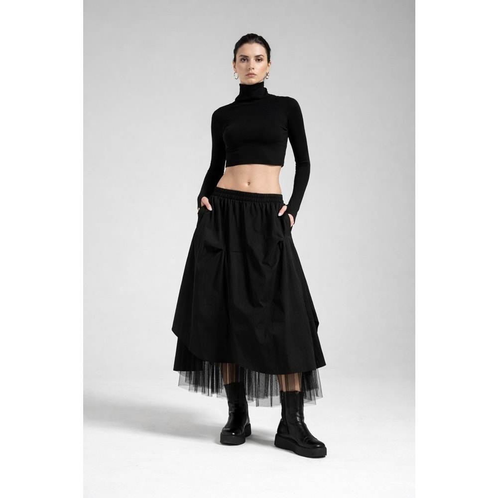 Atelier Tasarım Tül Katmanlı Siyah / Beyaz Midi Etek - SİYAH - L