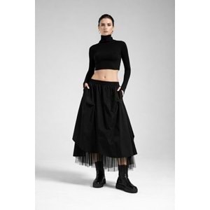 Atelier Tasarım Tül Katmanlı Siyah / Beyaz Midi Etek - SİYAH - L