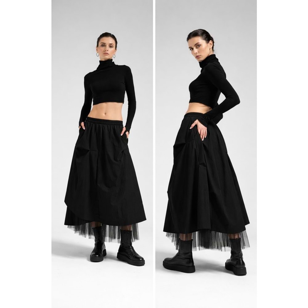 Atelier Tasarım Tül Katmanlı Siyah / Beyaz Midi Etek - SİYAH - L
