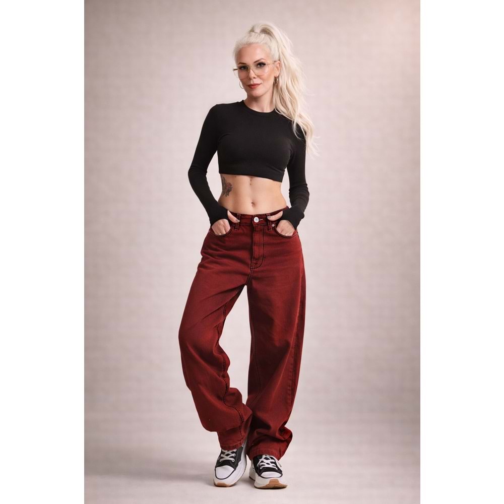 Bordo Renk Skater Fit %100 Cotton Yıkamalı Denim Pantolon - BORDO - 32