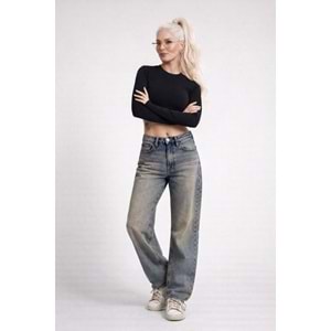 Eskitme Yıkamalı Straight Denim / Kot Pantolon - MAVİ - 34