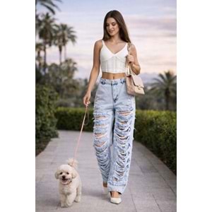 Dantel Detaylı Yırtık Skater Jean - Premium Açık Mavi Denim - MAVİ - 34