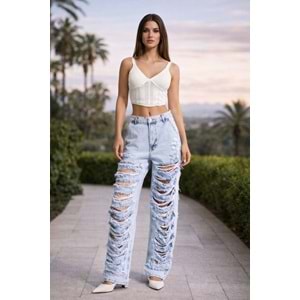 Dantel Detaylı Yırtık Skater Jean - Premium Açık Mavi Denim - MAVİ - 34