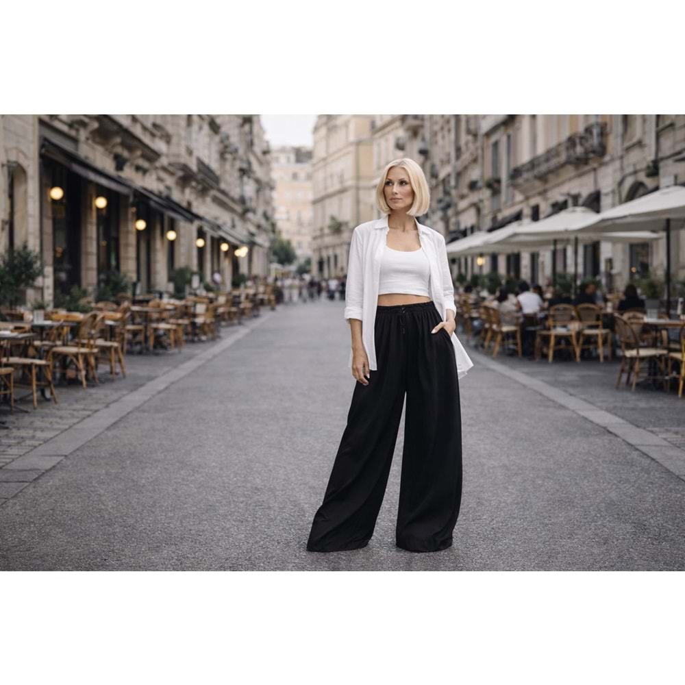 Geniş Paça Yüksek Bel Extra Oversize Tencel Pantolon NY Style! - SİYAH - L