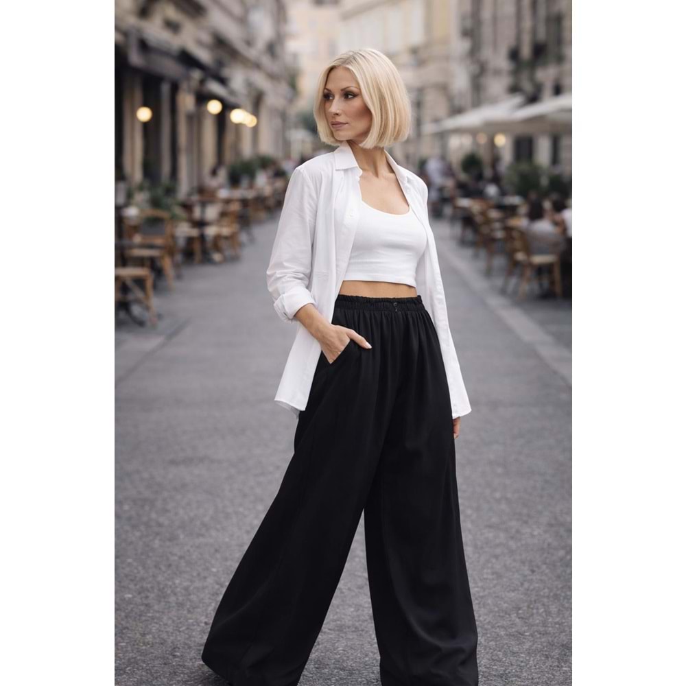 Geniş Paça Yüksek Bel Extra Oversize Tencel Pantolon NY Style! - SİYAH - L