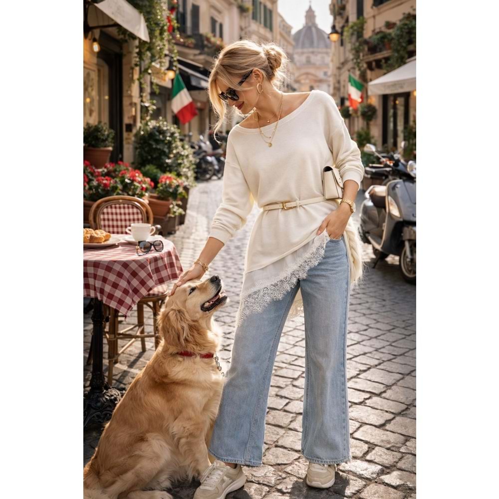 Bella Lace Asimetrik Dantel Detaylı Siyah Tencel Tasarım Bluz - EKRU - L