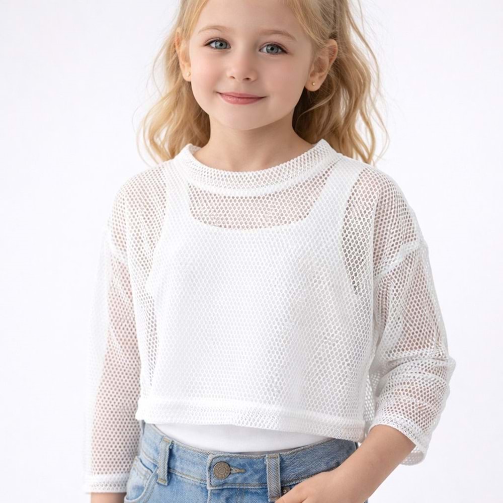 Kız Çocuk Mesh File Uzun Kol Crop Bluz + Crop Sıfıt Kol Atlet - BEYAZ - 6-7 YAŞ
