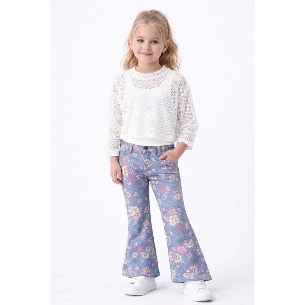 Kız Çocuk Retro Pastel Renk Çiçek Desen Kot Pantolon İspanyol - PEMBE - MAVİ - 10 YAŞ