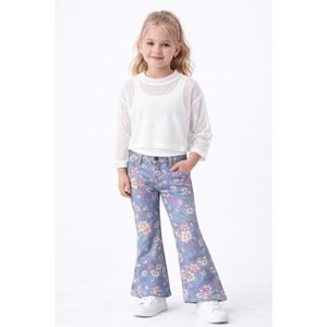 Kız Çocuk Retro Pastel Renk Çiçek Desen Kot Pantolon İspanyol - PEMBE - MAVİ - 10 YAŞ