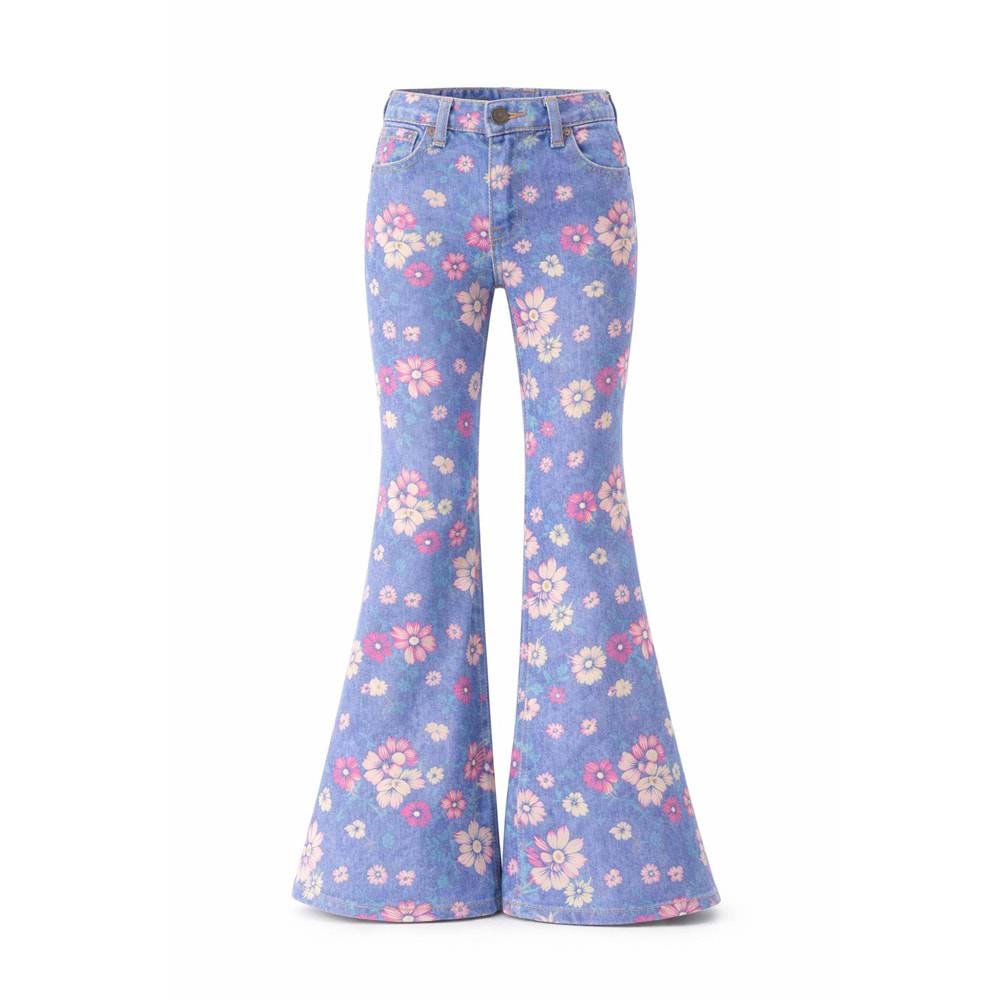 Kız Çocuk Retro Pastel Renk Çiçek Desen Kot Pantolon İspanyol - PEMBE - MAVİ - 10 YAŞ