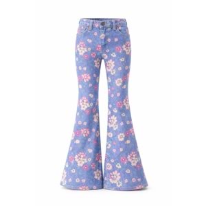 Kız Çocuk Retro Pastel Renk Çiçek Desen Kot Pantolon İspanyol - PEMBE - MAVİ - 10 YAŞ