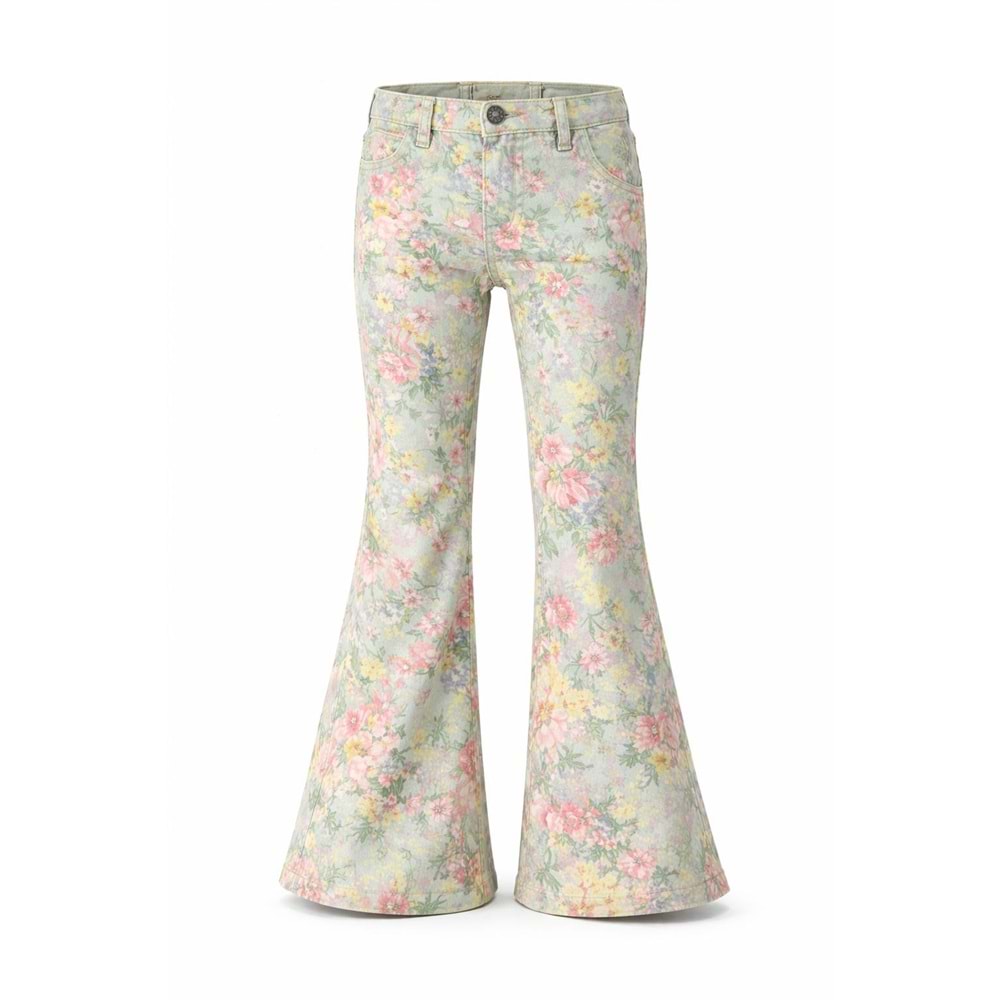 Kız Çocuk Retro Pastel Renk Çiçek Desen Kot Pantolon İspanyol - YEŞİL - 11 YAŞ