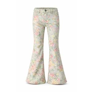 Kız Çocuk Retro Pastel Renk Çiçek Desen Kot Pantolon İspanyol - YEŞİL - 11 YAŞ
